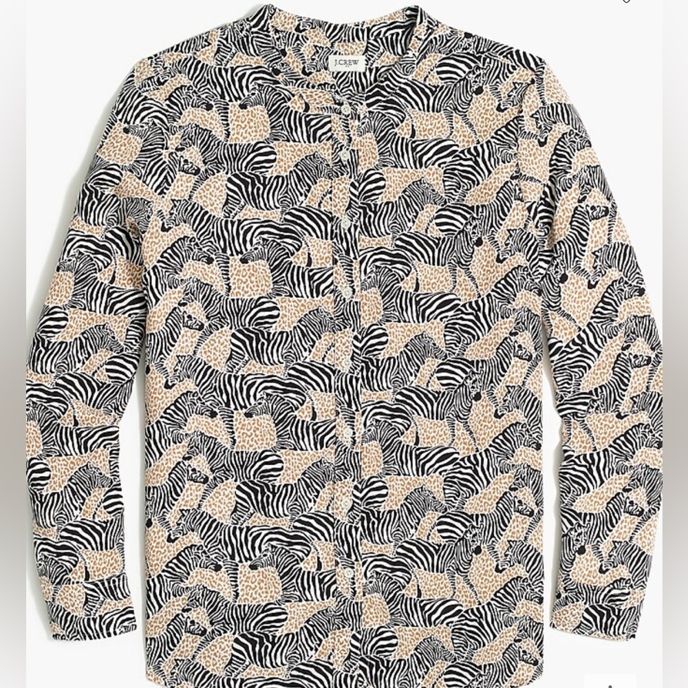 J Crew Zebra Print Blouse Shirt w/ Band Collar Size Medium